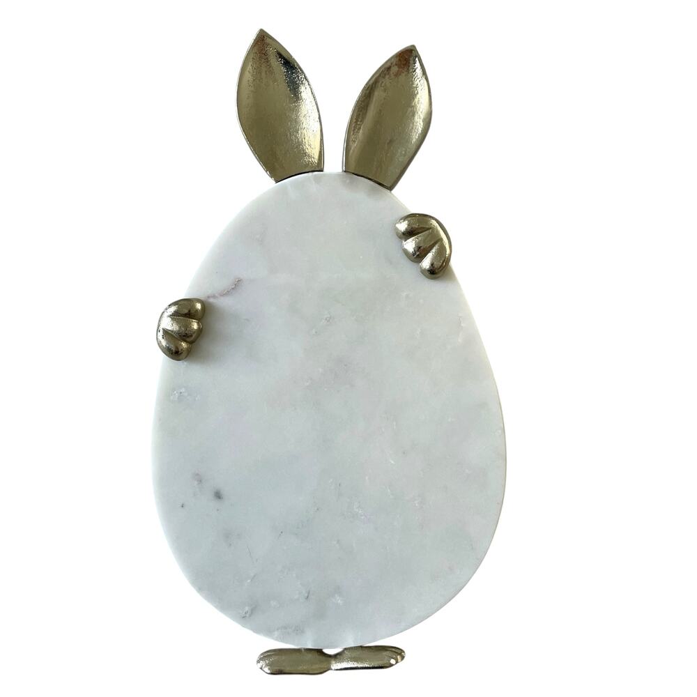 BUNNY BOULEVARD Bunny and Egg Marble Platter 15x9 White & Gold Easter New